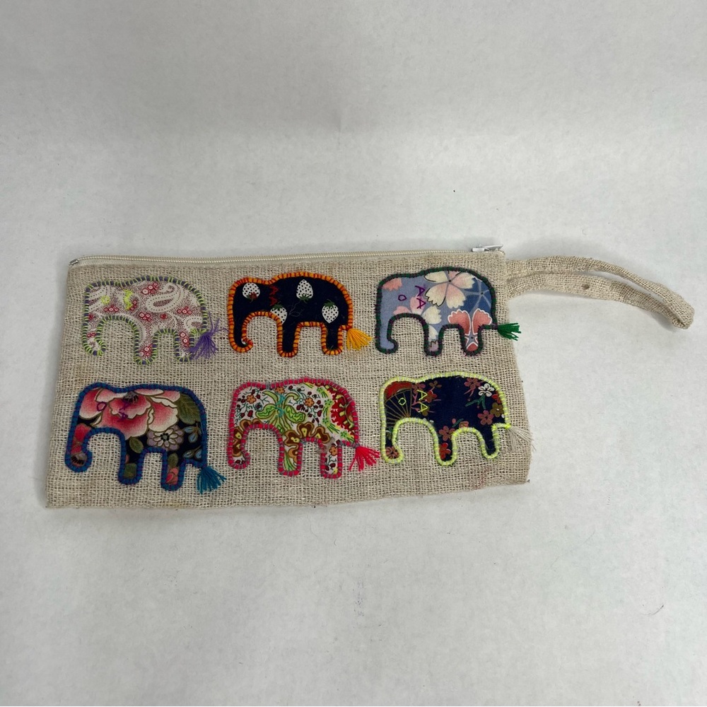 Vintage Handmade Makeup Bag‎ Embroidered Elephant Linen East India Belize Zip